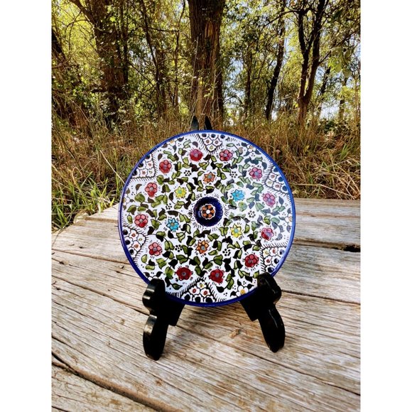 Vintage Stoneware tea trivet Hot Plate Blue floral Hand Painted - Picture 3 of 11